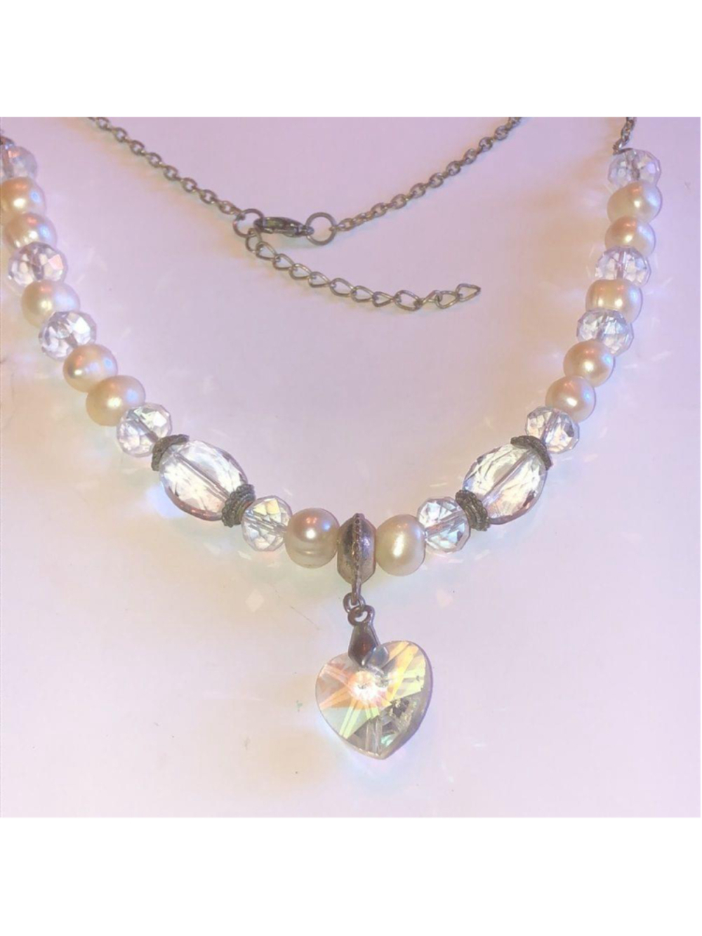 Silver Tone Genuine Pearls & Clear AB Beaded Boho Heart Pendant Necklace